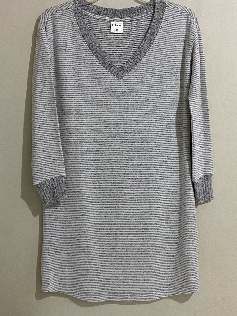 Soma Gray Striped V-Neck Sleepwear Night Shirt Soft